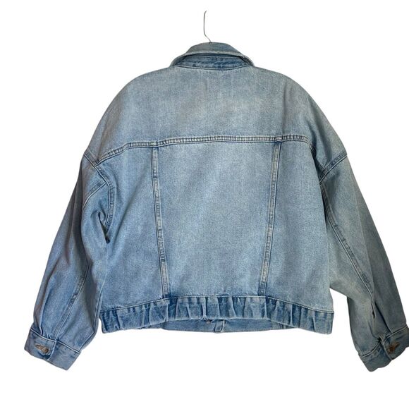 Zara Trafaluc Jean Jacket Women M Blue Denim Distressed Oversized Trucker Grunge - Picture 2 of 9